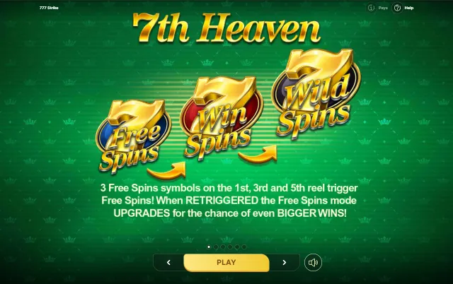 Actual 777 Strike demo bonus introduction showing the Free Spins, Win Spins and Wild Spins progression